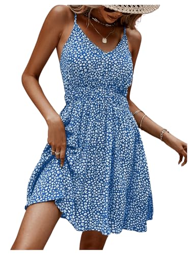 Women's Boho Floral Print Spaghetti Strap Cami Dress Casual Flare Short Dresses