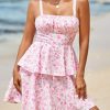 Womens Floral Mini Dress Spaghetti Strap Sleeveless Tie Back Ruffle Summer Tiered Dresses