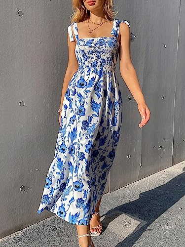 Women's Floral Print Tie Strap Square Neck Ruffle Boho Maxi Dress