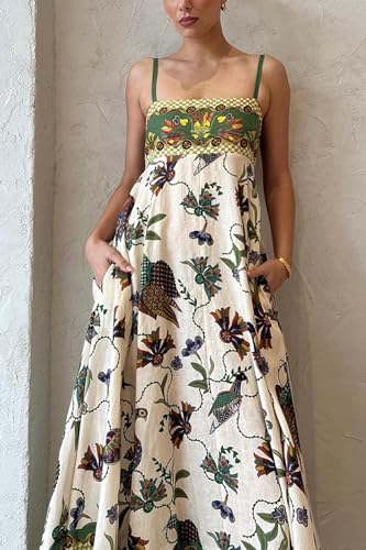 Women's Boho Floral Spaghetti Strap Long Dress Square Neck Vintage Y2k Graffiti Cami Maxi Dress