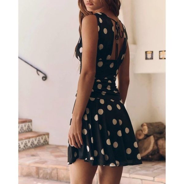 Women's Vintage Dots Sleeveless Dresses Deep V-Neck Tie-Up Back Ruched Short A-Line Tank Dress