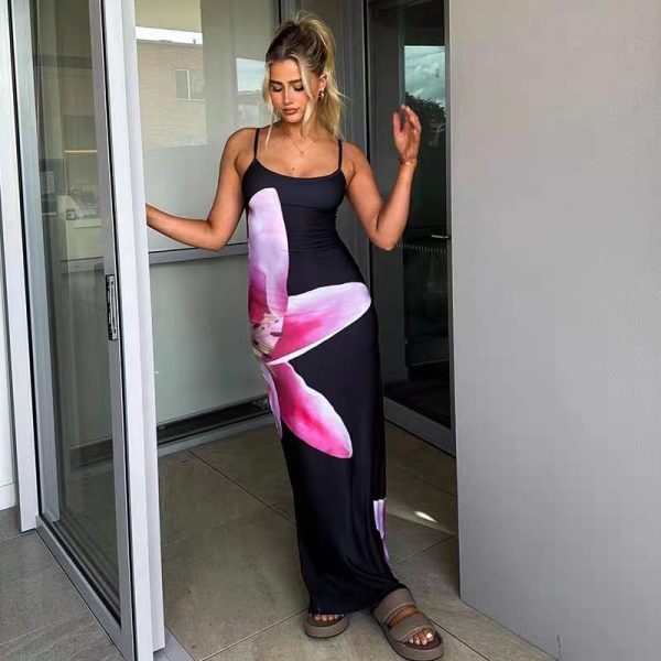 Women's Summer Floral Spaghetti Strap Maxi Dress Casual Backless Slit Cami Bodycon Dresses Long Sundress