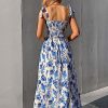 Women's Floral Print Tie Strap Square Neck Ruffle Boho Maxi Dress