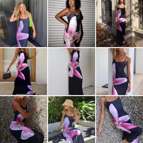 Women's Summer Floral Spaghetti Strap Maxi Dress Casual Backless Slit Cami Bodycon Dresses Long Sundress
