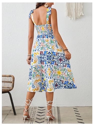 Women's Floral Print Tie Strap Square Neck Ruffle Boho Maxi Dress