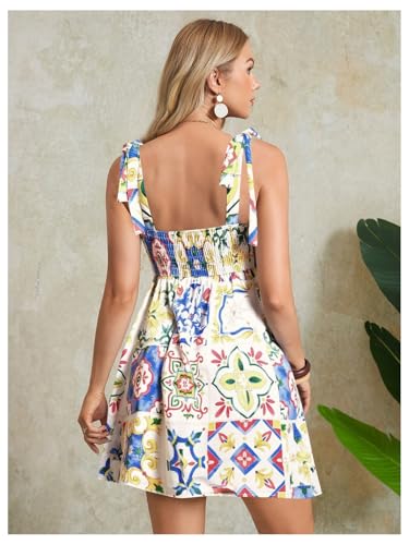Women's Summer Floral Mini Dress Shirred Tie Shoulder Sleeveless A Line Short Cami Sundresses
