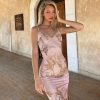 Women Bodycon Maxi Dress Y2K Sexy Slim Fit Spaghetti Strap Long Dress V Neck Sleeveless Floral Printed Cocktail Party Dress