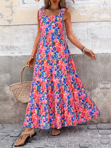 Women Dresses 2025 Summer Floral Sleeveless Maxi Dress Casual Spaghetti Strap Tiered Flowy Beach Long Dress