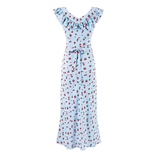 Women's Print Slim Long Dress Ruffle Square Collar Sleeveless Midi Dresses Casual A-Line Vestido
