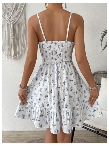 Women's Summer Floral Mini Dress Smocked Ruffle Spaghetti Strap Flowy Boho Cami Dress