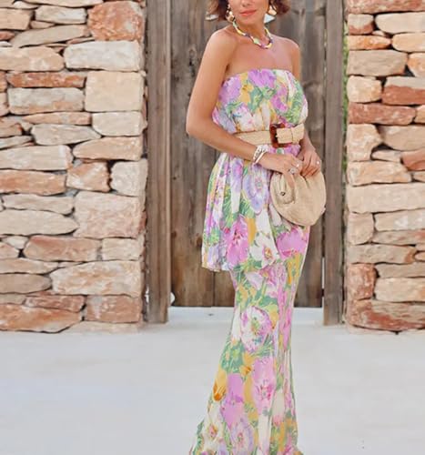 Women Sexy Strapless Printed Maxi Sleevless Slim Fit Tiered Chic Casual Holiday Dress