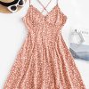 Women's Spaghetti Strap Ditsy Floral Mini Dress V-Neck Cross Back Ruched Frilled A-Line Dresses