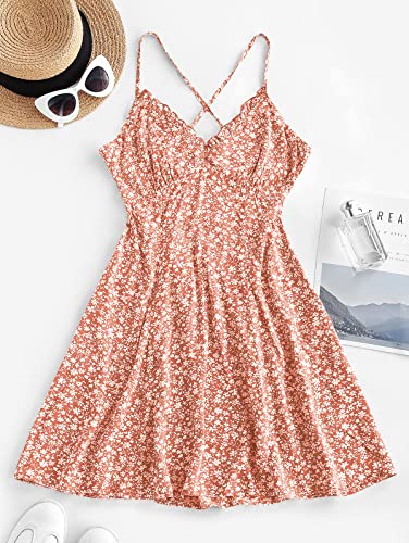 Women's Spaghetti Strap Ditsy Floral Mini Dress V-Neck Cross Back Ruched Frilled A-Line Dresses