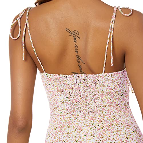 Women's Spaghetti Sleeveless Tie Shoulder Floral Print Strappy Sundress Casual Midi Dress