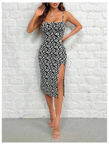 Women's Floral Print Slit Cami Dress Sleeveless Boho Bodycon Midi Dress