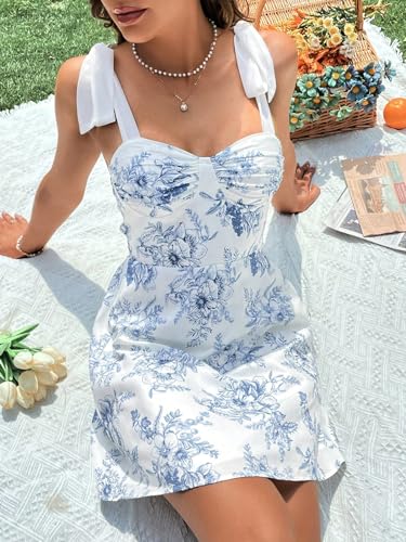 Women's Floral Print Sundress Tie Shoulder Sleeveless Boho Mini Dress
