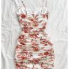 Women's Ruched Rose Print Cami Dress Spaghetti Straps Bodycon Mini Dresses