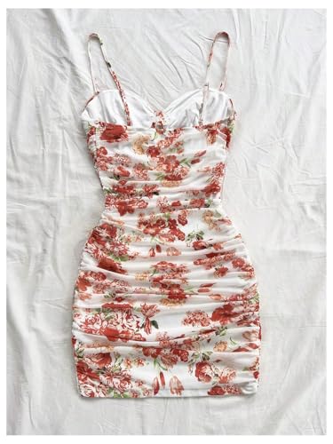 Women's Ruched Rose Print Cami Dress Spaghetti Straps Bodycon Mini Dresses