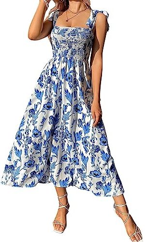 Women's Floral Print Tie Strap Square Neck Ruffle Boho Maxi Dress