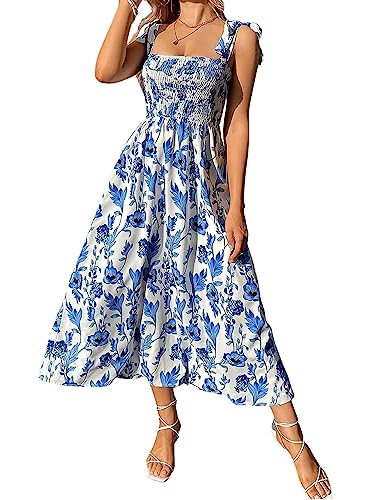 Women's Floral Print Tie Strap Square Neck Ruffle Boho Maxi Dress