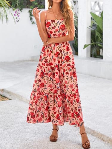 Women's Summer Dress 2025 Casual Floral Boho Maxi Dresses Sleeveless Spaghetti Strap Long Beach Sun Dresses