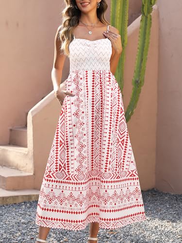 Women's Floral Print Maxi Dress,Spaghetti Strap Smocked Bodice A-Line Sundress with Pockets