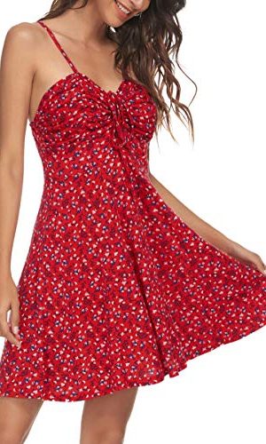 Spaghetti Strap Floral Mini Dress Women's Casual Ruched Front Drawstring Swing Sundress