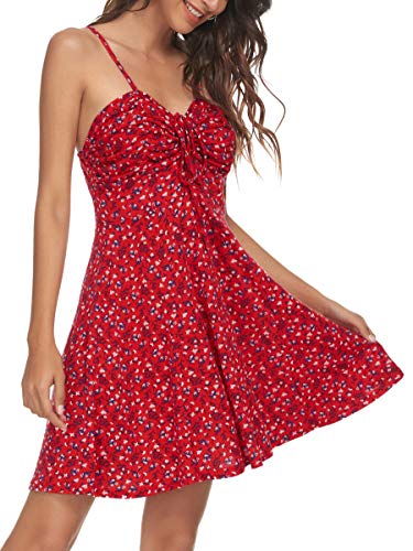 Spaghetti Strap Floral Mini Dress Women's Casual Ruched Front Drawstring Swing Sundress