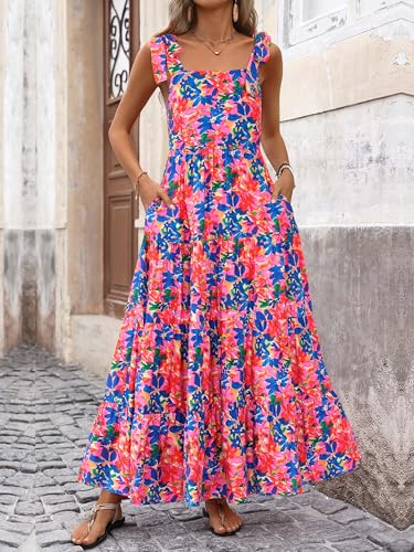 Women Dresses 2025 Summer Floral Sleeveless Maxi Dress Casual Spaghetti Strap Tiered Flowy Beach Long Dress