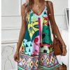 Women's Floral Print Cami Dress Spaghetti Strap V Neck Tunic Dress