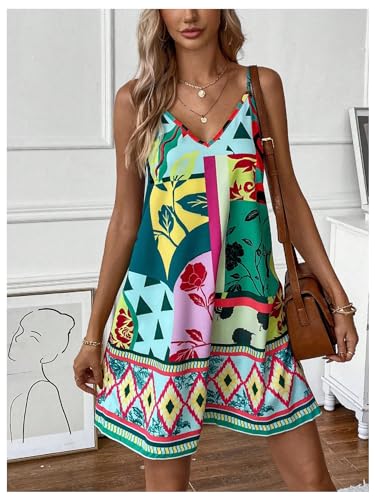 Women's Floral Print Cami Dress Spaghetti Strap V Neck Tunic Dress