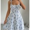 Women's Floral Print Tie Strap Mini Dress Square Neck Ruched Flared A Line Beach Vacation Flowy Dresses