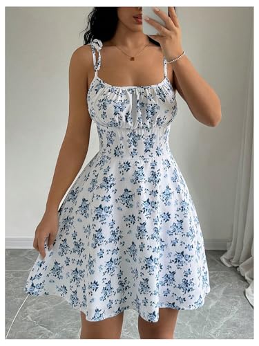 Women's Floral Print Tie Strap Mini Dress Square Neck Ruched Flared A Line Beach Vacation Flowy Dresses