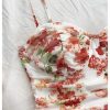 Women's Ruched Rose Print Cami Dress Spaghetti Straps Bodycon Mini Dresses