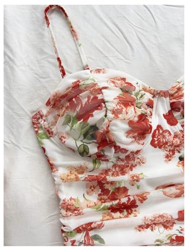 Women's Ruched Rose Print Cami Dress Spaghetti Straps Bodycon Mini Dresses