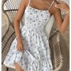 Women's Summer Floral Mini Dress Smocked Ruffle Spaghetti Strap Flowy Boho Cami Dress