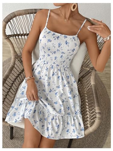 Women's Summer Floral Mini Dress Smocked Ruffle Spaghetti Strap Flowy Boho Cami Dress
