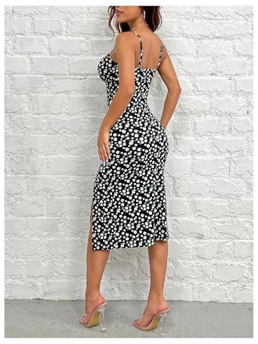 Women's Floral Print Slit Cami Dress Sleeveless Boho Bodycon Midi Dress