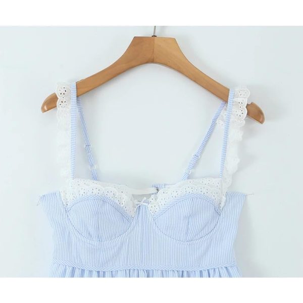Women's Lace Spliced Spaghetti Straps Short Dress Backless High Waist A-Line Casual Dresses