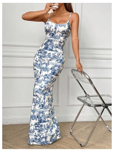 Women's Summer Maxi Dress Spaghetti Strap Printed Beach Bodycon Long Dresses