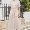 Womens Wear to Work Teacher Business Casual Outfits Long Dresses Tie Waist Shirt Dress Attire with Pockets