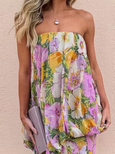 Women Sexy Strapless Printed Maxi Sleevless Slim Fit Tiered Chic Casual Holiday Dress