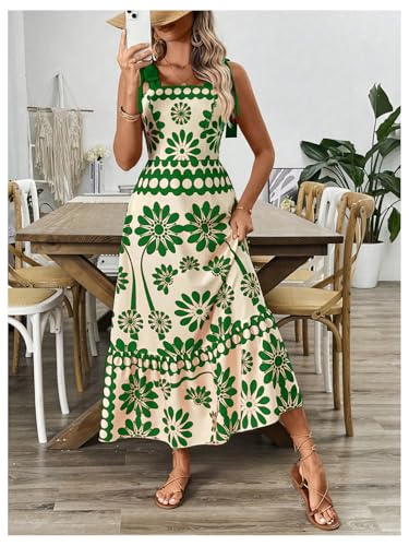 Women's Vintage Sleeveless Tie Shoulder Sundress Floral Print Cami Maxi Dress