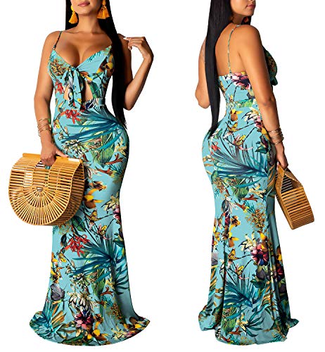 Women's Summer Floral Spaghetti Strap Long Maxi Dresses Low-Cut Bohemian Beach Sundress