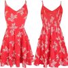Women Floral Casual Tiered Mini Dresses Spaghetti Strap V Neck Backless A Line Swing Short Dress with Pockets