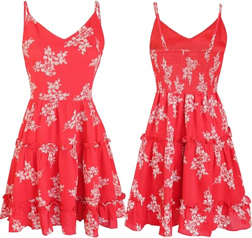 Women Floral Casual Tiered Mini Dresses Spaghetti Strap V Neck Backless A Line Swing Short Dress with Pockets
