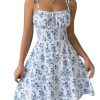 Women's Floral Print Tie Strap Mini Dress Square Neck Ruched Flared A Line Beach Vacation Flowy Dresses