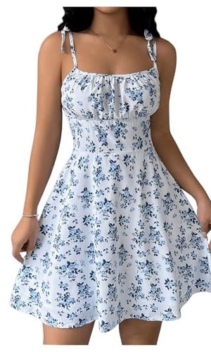 Women's Floral Print Tie Strap Mini Dress Square Neck Ruched Flared A Line Beach Vacation Flowy Dresses