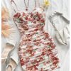 Women's Ruched Rose Print Cami Dress Spaghetti Straps Bodycon Mini Dresses