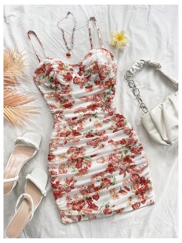 Women's Ruched Rose Print Cami Dress Spaghetti Straps Bodycon Mini Dresses